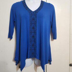 Adrianna Papell 1X Tunic Boho Blue Embroidered V-Neck 3/4 Sleeve Sharkbite